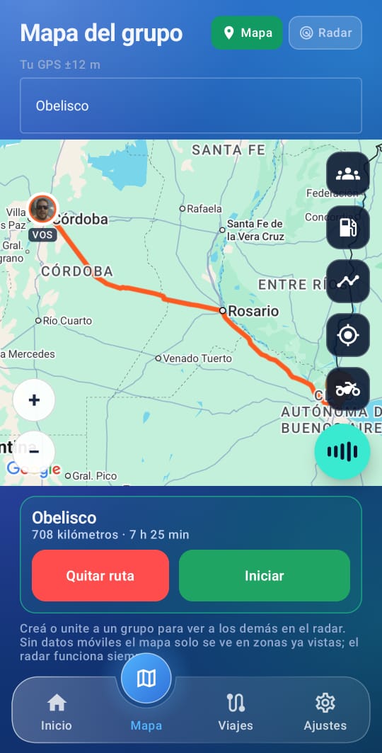 MeshRide map showing the route from Córdoba to the Obelisco: 708 kilometers, 7 h 25 min, with Remove route and Start buttons